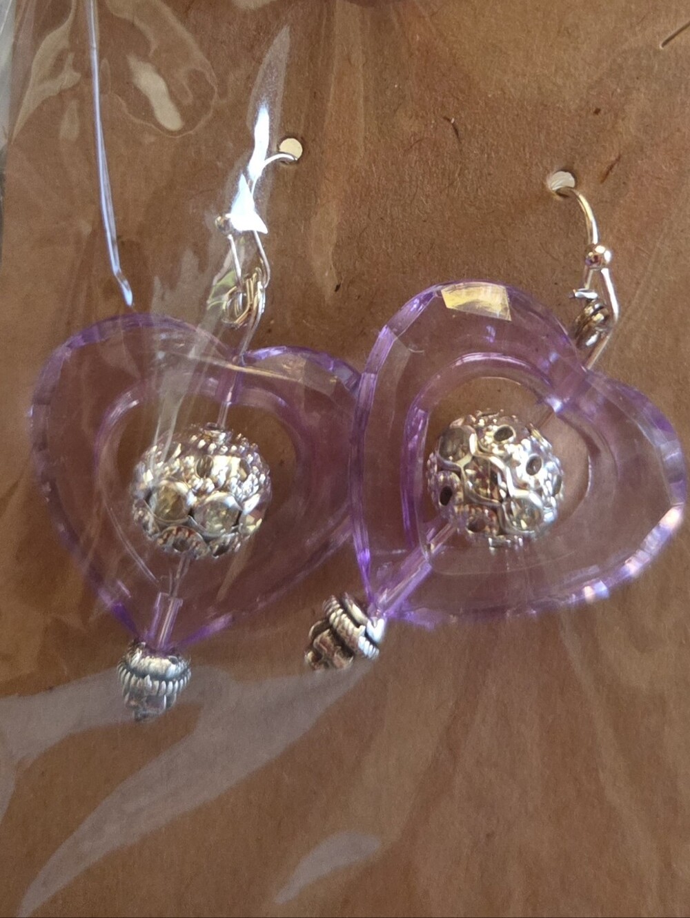 Purple Heart Drop Earrings with Silver Filigree Beads